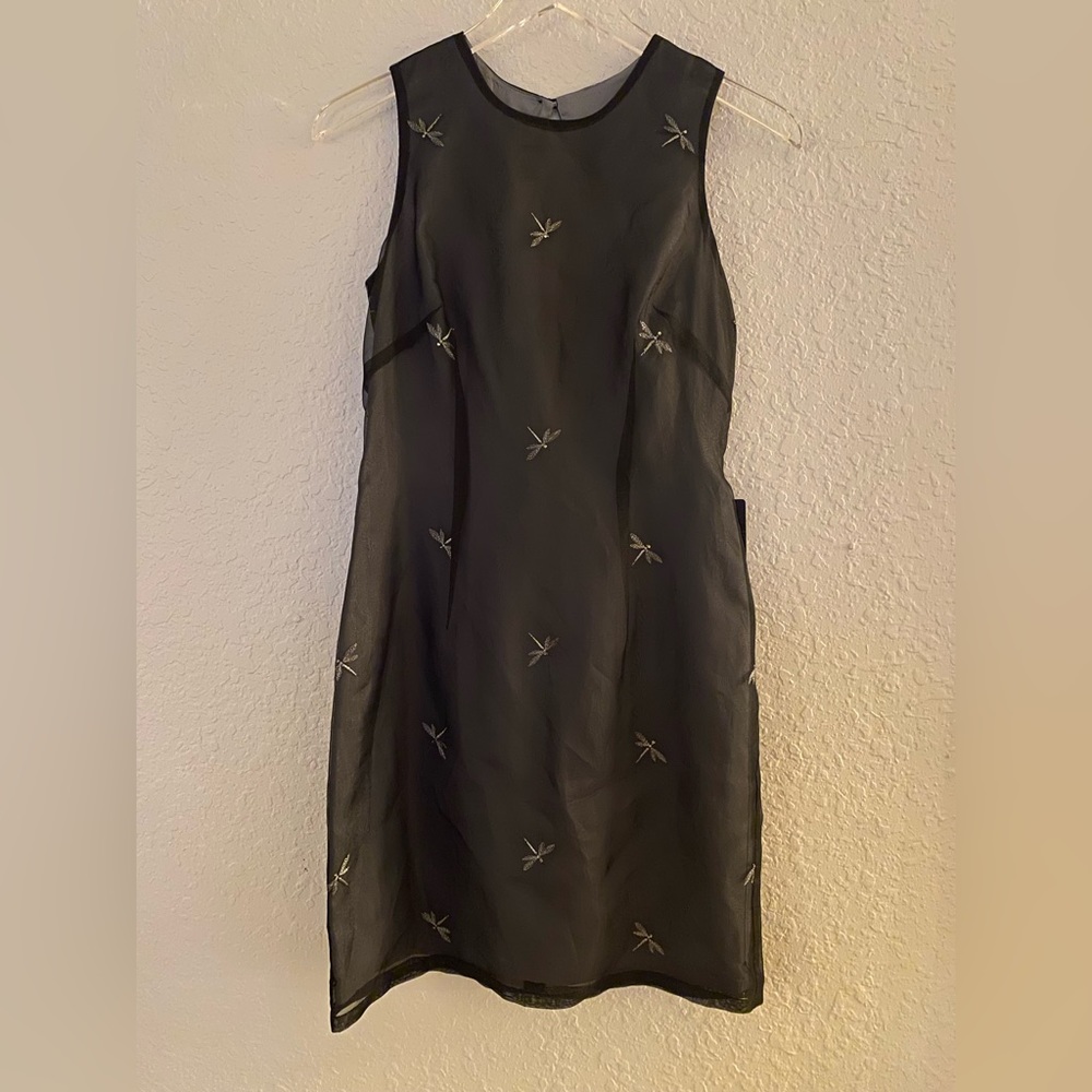 Vintage 90’s Y2K 100% Silk Dress Slip Mini Dress Black Dragonflies Butterfly